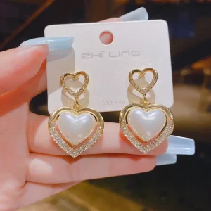 Korean Ear Drop Earrings for Women Big Pearl Gold Color Heart Round Earrings Fashion Jewelry Gift