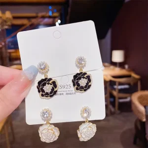 Korean Earrings Camellia Flower Drop Earrings Enamel Pearl Drop Earrings for Women