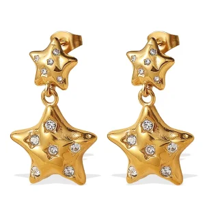 Korean Elegant Simple 316L Stainless Steel Jewelry 18K PVD Gold Earrings Star Pendant Zircon Drop Earrings Vintage
