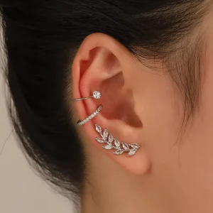 Korean Fashion Crystal Leaf Ear Clip Earrings for Women Jewelry Zircon Ear Cuffs Without Hole Earrings Set