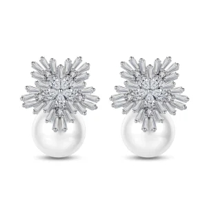 Korean Fashion Cubic Zirconia Diamond Children’s Pearl Flower Earrings Big Snowflake Design Brass Material Anniversary