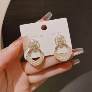 Korean Fashion Geometric Pearl Dangle Earrings for Girls Gold Plated Rhombus Stud Earring Jewelry Accessory Gift