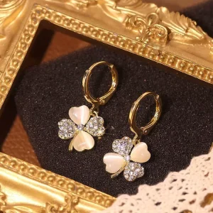 Korean Fashion Gold Plated Statement Sweet Four Clover Flower Crystal Earrings Jewelry Luxury Classic Earring