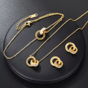Korean Fashion Luxury Stainless Steel Jewelry Set Women Gold Plated Roman Numerals Necklace Earring Bracelet Engagement Party