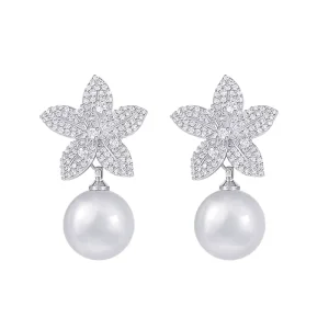 Korean Fashion Quality Women Bridal Pearl Dangle Drop Cubic Zircon Flower Earrings for Wedding Party Costume Jewelry Daily Wear