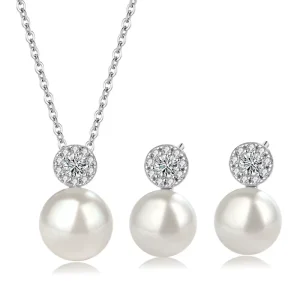 Korean Fashion Simple Pendant Imitation Pearl Necklace Women’s Zircon Pearl Earrings Wedding Jewelry Set
