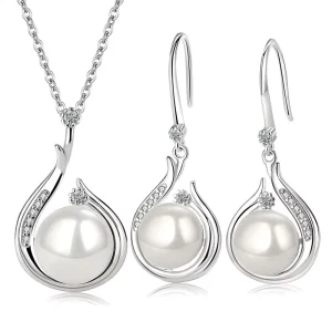 Korean Fashion Simple Pendant Imitation Pearl Necklace Women’s Zircon Pearl Earrings Wedding Jewelry Set