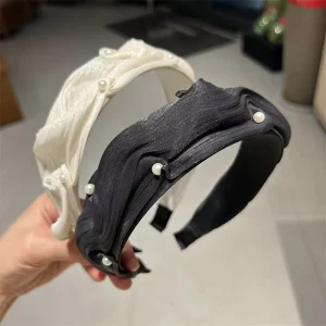 Korean Fashion Women’s Handmade Pearl Fold Texture Light Mercerized Wide Brim Hair Band