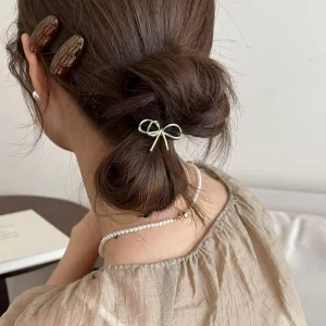 Korean Girl’s 4pcs set Fashion Silver & Gold Bow Hair Accessories 6cm High Stretch Hair Rope Tie for Party for Hair Styling