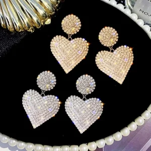 Korean Heart Earring for Women Geometric Full Rhinestone Earrings Gold Color Jewelry