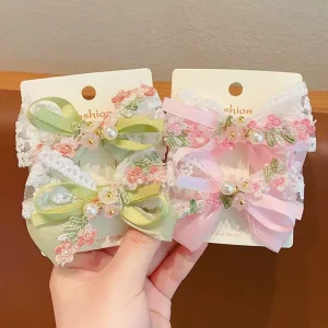 Korean Lace Flower Fashion Bow Hairpin Girls Cute Pearl Ribbon Bow Duckbill Hair Clip Set