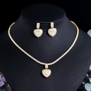 Korean Love Heart Micro-inlaid Zircon Rose Gold Plated Unisex Earrings Necklace Jewelry Set Engagement Wedding Party