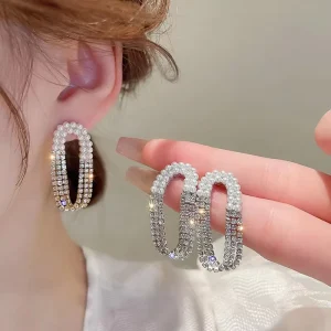 Korean Luxury Girls’ Earrings High-Grade Silver Needle Imitate Pearl Drop Shiny Diamond Trendy Geometric Pattern Gold Plated
