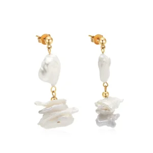 Korean New Irregular Freshwater Pearls Drop Earrings Gold Stainless Steel Chain Engagement Wedding Jewelry Custom