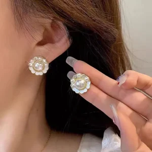 Korean New Pearl Round Flower Drop Earrings Gold Plated Zinc Alloy Luxury Women’s Trendy Fashion Jewelry
