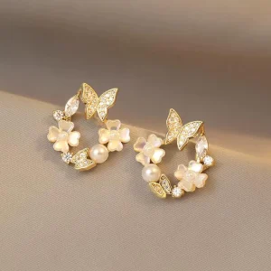 Korean S925 Wedding Stud Earring Bridal Luxury Fashion Butterfly Flower Pearl Jewelry Earrings