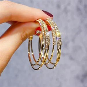 Korean Sparkly New Fashion Geometric Circle Rhinestone Hoop Earrings