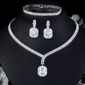 Korean Square Zircon Gold Plated Certified Trendy Bridal Engagement Wedding Anniversary Party Necklace Earrings Bracelet Set