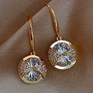 Korean Style Big Round Sparkling Imitated Diamond Gold Plated Hanging Earrings for Women Luxury Fashion CZ Drop Earrings