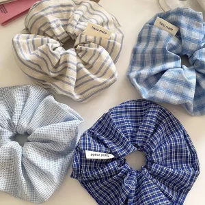 Korean Style Blue Plaid Scrunchie Handmade Cotton Hair Ties Striped and Checkered Hair Accessories for Daily Wear
