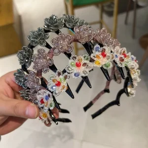 Korean Style Crystal Flower Toothed Headband Full Diamonds Handmade Fashionable Elegant All Match Women’s Hair Clip