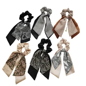 Korean Style Elegant Double Layer Long Ribbon Ponytail Hair Band Scrunchies with Scarf for Women