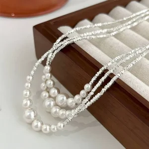 Korean Style Exquisite Silver Plated Small Thin Crushed Silver Beads Creative Round Glass Imitation Pearl Necklace for Women