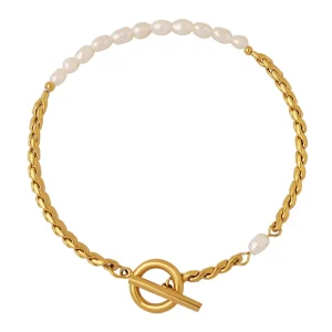 Korean Style High Sense Special interest Design Fashion commuter Freshwater Pearl OT Buckle Stainless Steel Bracelet 18K Gold