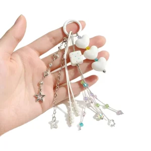 Korean Style Ins Heart Tassel Keychain Colorful Polka Dot Square Bag Charm Beaded Phone Strap Hanging Ornament
