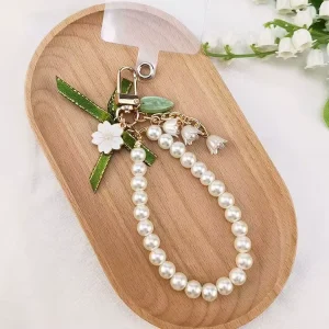 Korean Style Lily of Valley Cherry Blossom PU Metal Keychain Green Bow Pearl Bag Charm Initial Fashion Handmade Gift