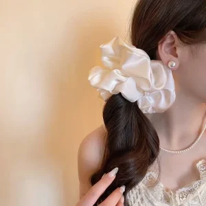 Korean Style Oversized Large Intestine Hair Ring Satin Weaving Technique Durable High grade Black White Hair Rope Head Flower