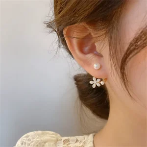 Korean Style Petal Pearl Ear Studs Gold Crystal Rhinestone Women’s Earrings