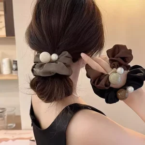 Korean Style Satin Hair Scrunchie with Bead Elegant Hair Tie for Women Fashion Hair Accessories for Office Gift Hair Styling