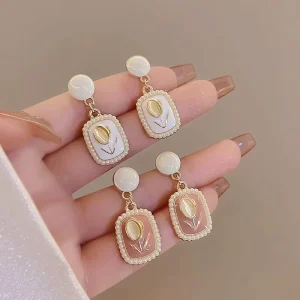 Korean Style Simple Drip Oil Square Pearl Flowers Drop Earrings for Girls