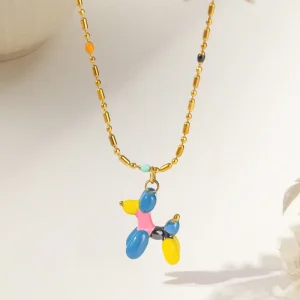 Korean Style Stainless Steel Enamel Balloon Dog Pendant Clavicle Chain 3D Stereo Cute Fashion Jewelry for Women Daily Party Gift