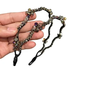 Korean Style Trendy Flower Handmade Double Layer Crystal Wrapped Thin Edged Wavy Headband Braided Hair Hoop Fairy Hair Accessory
