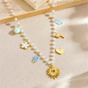 Korean Style Trendy Stainless Steel Small Fresh Pearl Link Multi Element Pendant Accessories Love Coconut Tree Flower Necklace