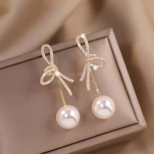 Korean Style Zircon Bow Dangle Earrings Long Chain Imitation Pearl Drop Earrings Ladies Daily Wedding Costume Jewelry