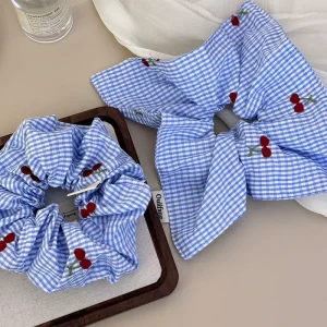 Korean Sweet Cherry Scrunchies Oversize Square Blue White Checkered Hairband Elegant Elastic Hair Tie Women Fashion Accessories
