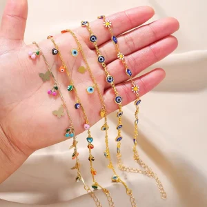 Korean Version Female Fashion Anklet 18K Gold Plated Heart Cherry Blue Eye Foot Decoration for Gift
