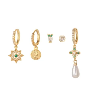Korean Version Silver Needle Cute 18k Gold Small Animal Owl Pearl Ear Studs Student Set Daily Style Tide Earrings Set