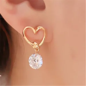 Korean Wedding Stud Earring Bridal Luxury Fashion Openwork Heart Gold Plated Zircon Jewelry Earrings