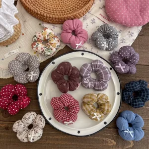 Korean style Girl’s Five petal Flower shaped Large Intestine Hair Tie with Cotton Bunches in Her Hair