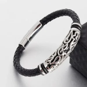 Korean-style Trendy Men’s Bracelet 6mm Leather-cord Braided Jewelry Stainless-steel Bracelet With Genuine Leather and Magnetic