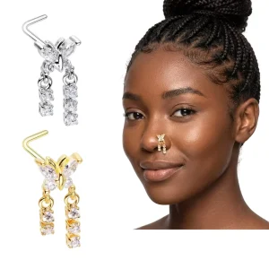 L Shaped Butterfly Nose Piercing Stainless Steel Gold Plated Nose Stud Ring Fashion Body Jewelry for Women Men