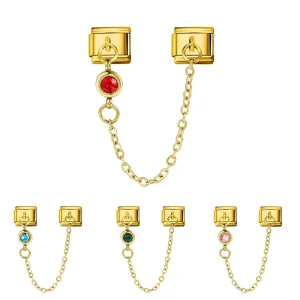LAMOON Fashions CZ 12 Birthstone Golden Pendant Chain Italian Charm Fit 9mm Stainless Steel Jewelry DIY Making Bracelets Gifts