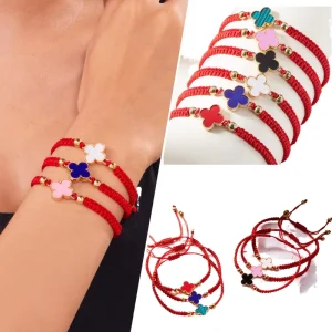 LC20240601 Fashion Lucky Macrame Rope Woven Braided Cord 18K Gold Plated Stainless Steel 5 Leaf Clover Flower Gift