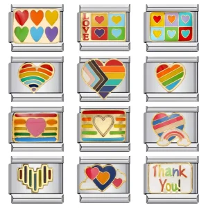 LGBTQ Pride Rainbow Heart Thank You Slogan Enamel Italian Charm Bracelet Links Stainless Steel Themed Bracelet Making Jewelry