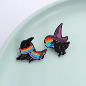 LGBTQ Witch Crow Enamel Pin Gothic Black Crows Wearing Magic Witch Hat Rainbow Scarf Brooch Lapel Badge Jewelry Gift for Friends