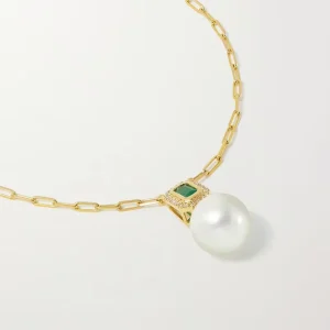 LOZRUNVE 925 Sterling Silver Jewelry Elegant Emerald Baguette Pearl Pendant Paperclip Chain Necklace